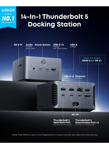 Anker Prime TB5 Docking Station, 14 Ports Thunderbolt 5 Docking Station with 140W Max Charging, 120Gbps Max Transfer, Ambient LED Lighting, Cooling System, Up to 8K Display for Thunderbolt 5/4 Laptops
