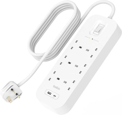 Belkin 6-Outlet Surge Protector Power Strip, Wall-Mountable with 6 AC Outlets, 2M Power Cord, & Green Indicator Light - USB-C Port & USB-A Port w/USB-C PD Fast Charging - 650 Joules of Protection