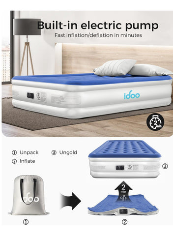 iDOO iDOO Inflatable Mattress with Inflation and Deflation Pump in Just 3 Minutes, for Home, Travel and Camping, 203 x 152 x 46 cm, Maximum Weight: 295 kg (Double Bed), Blue | Best Price UAE | Dubai, Abu Dhabi