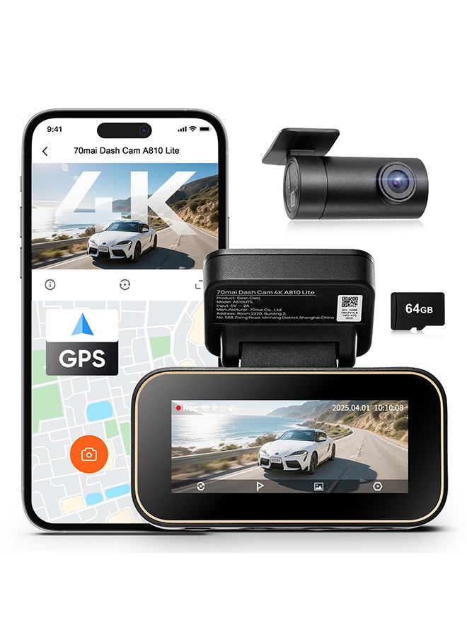 70mai A810 Lite Dash Cam, 4K Front & 1080P Rear, Night Vision, Supercapacitor, 64GB SD Card Included, GPS, 3.18" IPS Display, 24H Parking Mode (Optional)