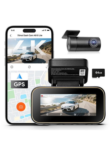 70mai A810 Lite Dash Cam, 4K Front & 1080P Rear, Night Vision, Supercapacitor, 64GB SD Card Included, GPS, 3.18" IPS Display, 24H Parking Mode (Optional)