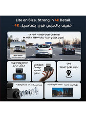 70mai A810 Lite Dash Cam, 4K Front & 1080P Rear, Night Vision, Supercapacitor, 64GB SD Card Included, GPS, 3.18" IPS Display, 24H Parking Mode (Optional)