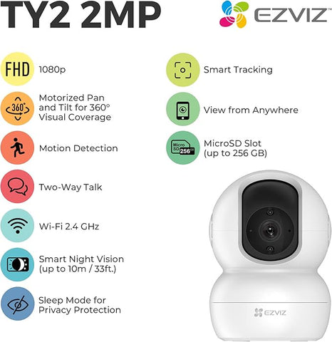 EZVIZ TY2 FHD 1080P IP-Überwachungskamera, WLAN, IP-Kamera, 360 P, drehbar, intelligente Nachtsicht, kompatibel mit Alexa weiß