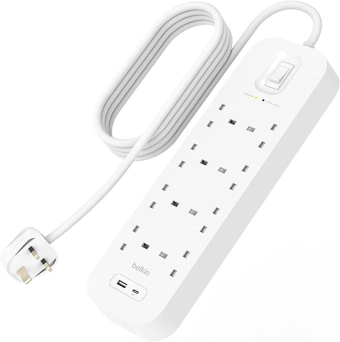 Belkin 8-Outlet Surge Protector Power Strip, Wall-Mountable with 8 AC Outlets, 2M Power Cord, & Green Indicator Light - USB-C Port & USB-A Port w/USB-C PD Fast Charging - 900 Joules of Protection