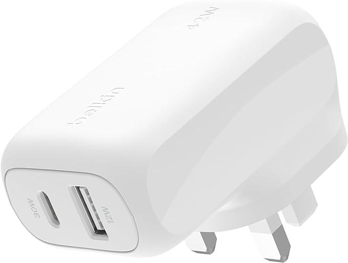 Belkin BoostCharge 42W Dual Port Wall Charger, USB-C + USB-A Charger Fast Charging for iPhone 15, 15 Plus, 15 Pro, 15 Pro Max, 14, 14 Pro Max, 13, Galaxy S24, Plus, Ultra, iPad, AirPods & More - White