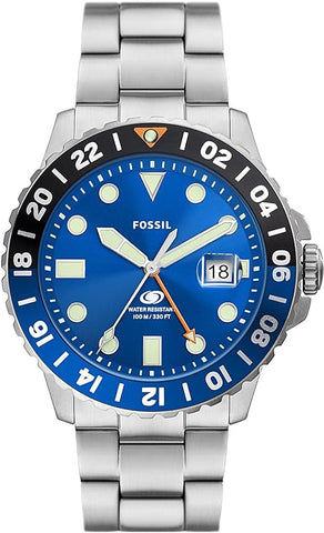 Fossil Men's Blue GMT Stainless Steel Dual Time Watch, Color: Silver (Model: FS5991), Silver, One Size, 46 mm Blue 3 Hand Date Stainless Steel Watch FS5991