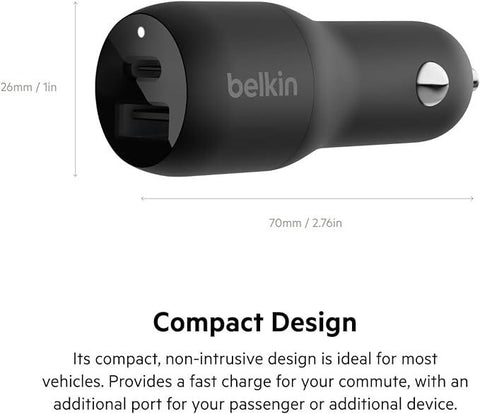 Belkin 37W Dual Port Fast Car Charger, USB Type C 25W PPS Port and USB A 12W Port for Samsung Galaxy S23, S22, Ultra, 5G, Plus, Note 20, iPhone 14, iPhone 13, 12, Pro, Max, Mini and More