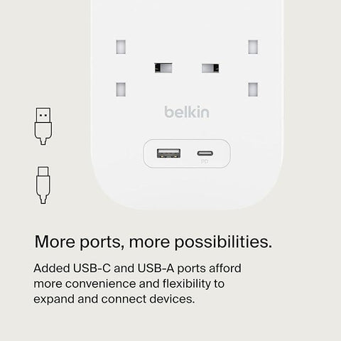 Belkin 8-Outlet Surge Protector Power Strip, Wall-Mountable with 8 AC Outlets, 2M Power Cord, & Green Indicator Light - USB-C Port & USB-A Port w/USB-C PD Fast Charging - 900 Joules of Protection