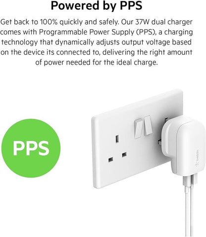 Belkin 37W USB Type C PPS PD Dual Port Wall Phone Charger, Power Delivery 25W USB C Port and 12W USB A Port for Fast Charging Samsung Galaxy S23, Ultra, Plus, Note 20, iPhone 14 Series and More