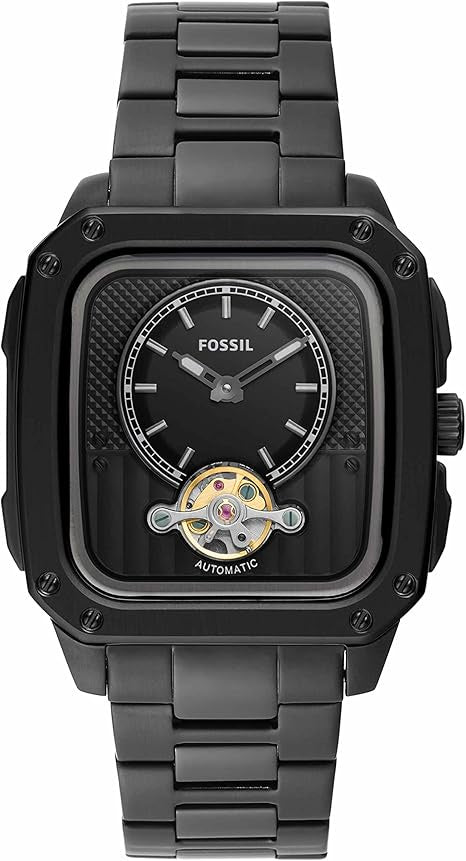 Fossil Inscription Men's Watch with Square Case and Stainless Steel, Silicone or Leather Band