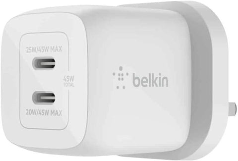 Belkin 45W Dual USB Type C Wall Charger, Fast Charging Power Delivery 3.0 with GaN Technology, USB C Charger for iPhone 15, Plus, Pro, Pro Max, iPad Pro 12.9, 11, MacBook, Galaxy S24, Pixel And More