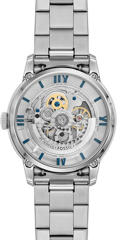 Fossil Men's Townsman Automatic Stainless Steel and Leather Three-Hand Skeleton Watch, Color: Silver/Pacific Blue Indices (Model: ME3260)