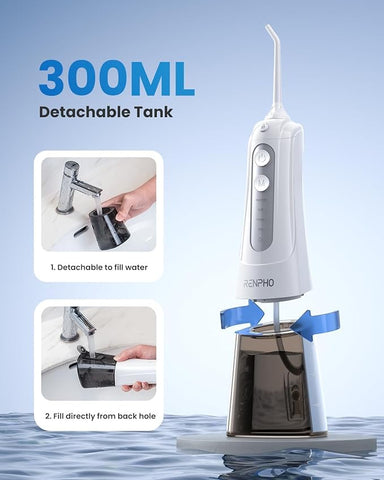 Oral Irrigator Cordless Water Flosser Rechargeable, RENPHO 300ml Waterproof Dental flosser Water Pick for Teeth Portable Teeth Cleaning Kit with 4 Modes for Travel, Household