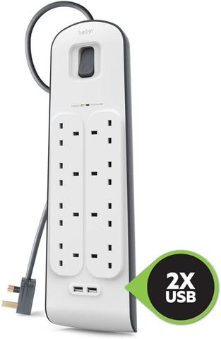 Belkin 8 Way/8 Plug Surge Protection Strip With 2 Meters Cord Length - Heavy Duty Electrical Extension Socket x 2.4 A Shared USB Ports