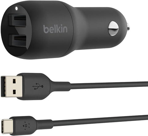 Belkin Boost Charge Dual USB Car Charger 24 W + USB-A to USB-C cable (Dual USB-A Port Charger for Samsung, Pixel, iPad Pro, Nintendo Switch and More)