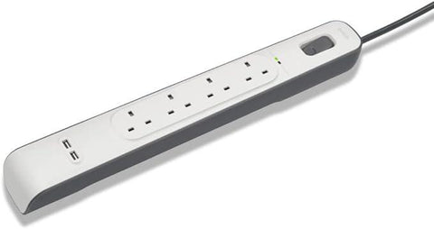 Belkin 4 Way/4 Plug Surge Protection Strip With 2 Meters Cord Length - Heavy Duty Electrical Extension Socket With 2 X 2.4 A Shared Usb Ports