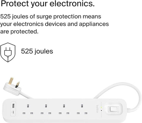 Belkin 4-Outlet Surge Protector Power Strip, Wall-Mountable with 4 AC Outlets, 2M Power Cord, & Green Indicator Light - USB-C Port & USB-A Port w/USB-C PD Fast Charging - 525 Joules of Protection