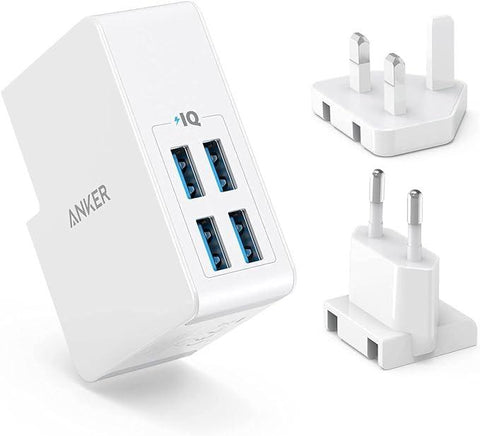 Anker USB Plug Charger 5.4A/27W 4-Port USB Charger, PowerPort 4 Lite with Interchangeable UK and EU Travel Charger, Adapter for iPhone XS/XS Max/XR/X/8, Galaxy S8/Note 3, iPad Air 2/mini 3, and More