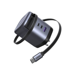 UGREEN Nexode Pro Wall Charger with GaN Technology, Retractable Cable, 2 USB-C Ports, 1 USB Port, 100W Power - Gray
