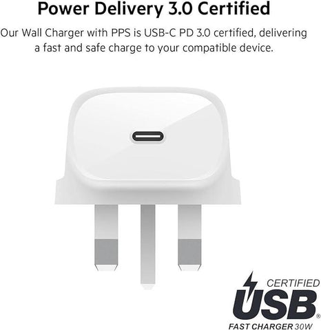 Belkin 30W USB C wall charger with PPS, Power Delivery, USB-IF certified PD 3.0, fast charger plug for iPhone 15, Plus, Pro, Pro Max, Samsung Galaxy S23, iPad, AirPods, MacBook, Google Pixel and More