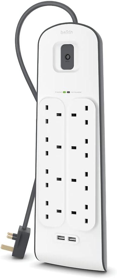 Belkin 8 Way/8 Plug Surge Protection Strip With 2 Meters Cord Length - Heavy Duty Electrical Extension Socket x 2.4 A Shared USB Ports