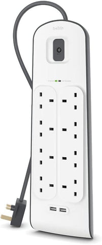 Belkin 8 Way/8 Plug Surge Protection Strip With 2 Meters Cord Length - Heavy Duty Electrical Extension Socket x 2.4 A Shared USB Ports