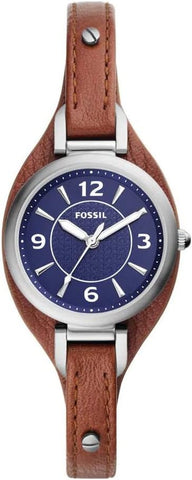 Fossil Women's Carlie Three-Hand, Stainless Steel Watch with a 28mm case size and a leather strap