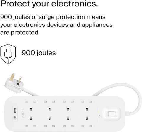 Belkin 8-Outlet Surge Protector Power Strip, Wall-Mountable with 8 AC Outlets, 2M Power Cord, & Green Indicator Light - USB-C Port & USB-A Port w/USB-C PD Fast Charging - 900 Joules of Protection