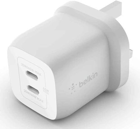 Belkin 45W Dual USB Type C Wall Charger, Fast Charging Power Delivery 3.0 with GaN Technology, USB C Charger for iPhone 15, Plus, Pro, Pro Max, iPad Pro 12.9, 11, MacBook, Galaxy S24, Pixel And More